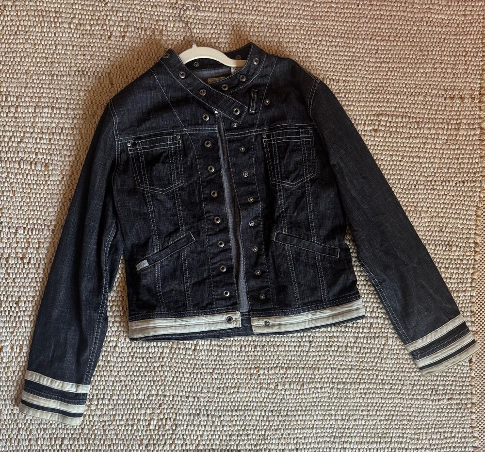 VTG Y2K Lady Enyce Dark Wash Denim Jacket Streetwear Snap Button Velvet Trim L